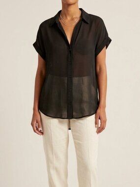 Zenobia Women's Size 3XL Black Short Sleeve Chiffon Sheer Button Down Shirt